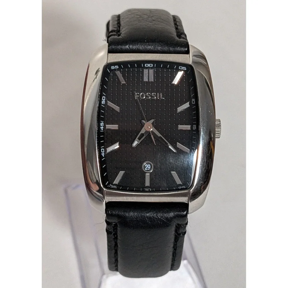 Fossil Watch Black Leather Strap Tonneau Stainless Steel Date Men's